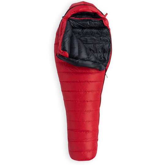A Phoenix-Red Feathered Friends Ibis Winter Light 0 Degree Wide Mummy Sleeping bag partially unzipped on white background