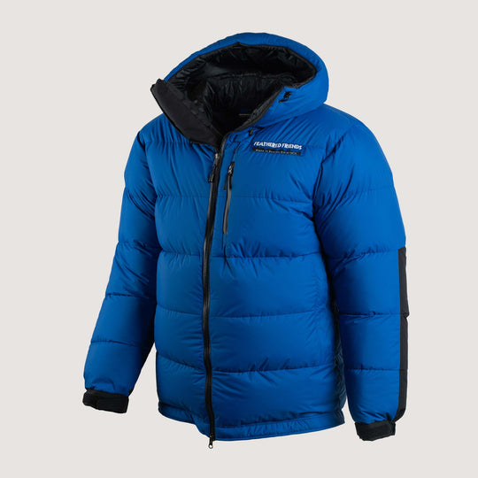 Feathered Friends Khumbu Parka Royal Blue studio photo view of the front