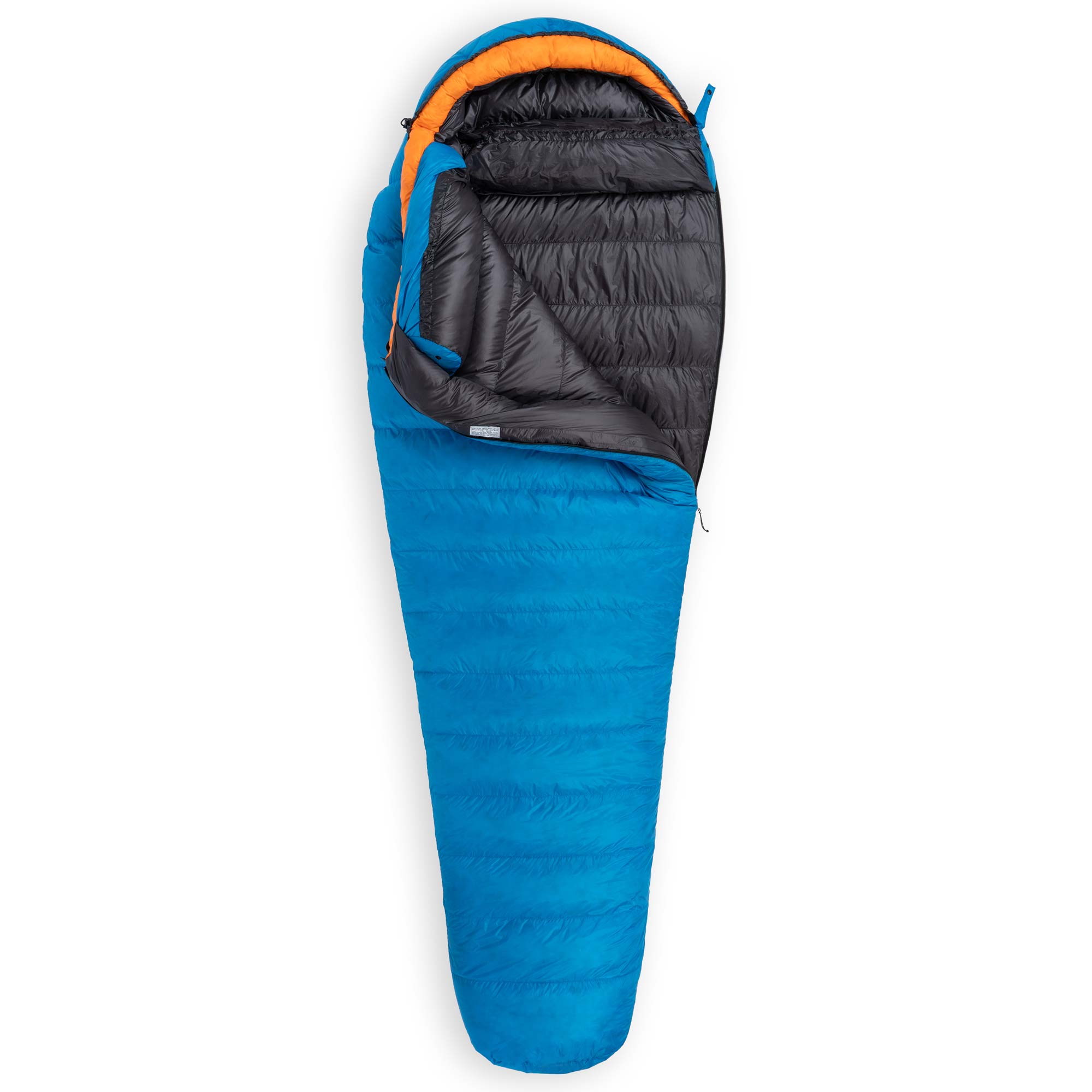 Feathered Friends Lark UL 10 Degree Ultralight Down Sleeping Bag standard width mummy in Cerulean Blue with Flame Orange hood accent trim partially unzipped