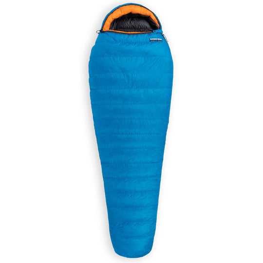 Feathered Friends Lark UL 10 Degree Ultralight Down Sleeping Bag standard width mummy in Cerulean Blue with Flame Orange hood accent trim