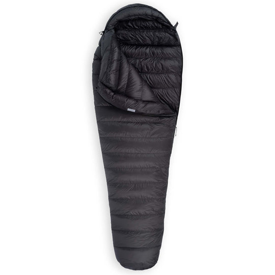 Feathered Friends Lark UL 10 Degree Ultralight Down Sleeping Bag standard width mummy in Graphite Gray partially unzipped