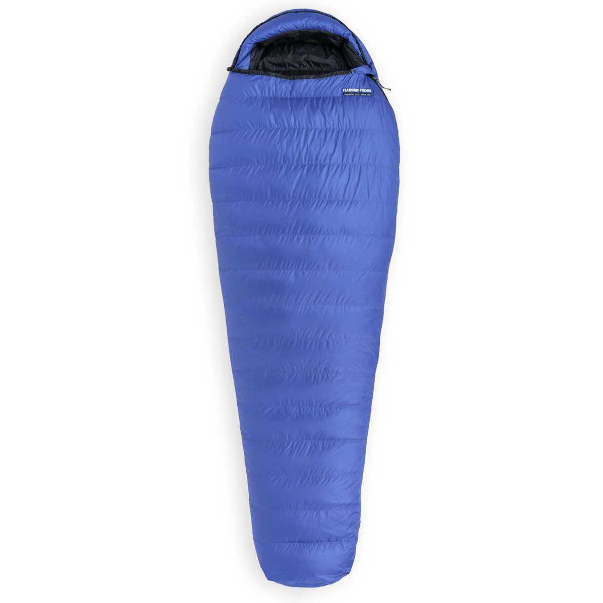 Marine blue Lark YF 10 Degree down sleeping bag fully zipped on white background