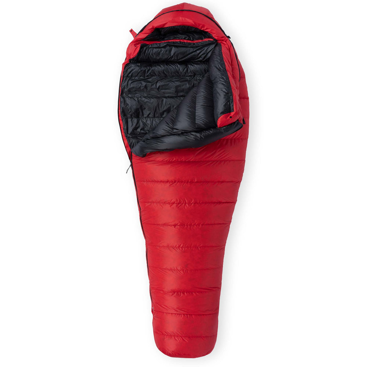 A Phoenix Red Feathered Friends Murre 0F Degree Women's Sleeping bag partially unzipped on white background