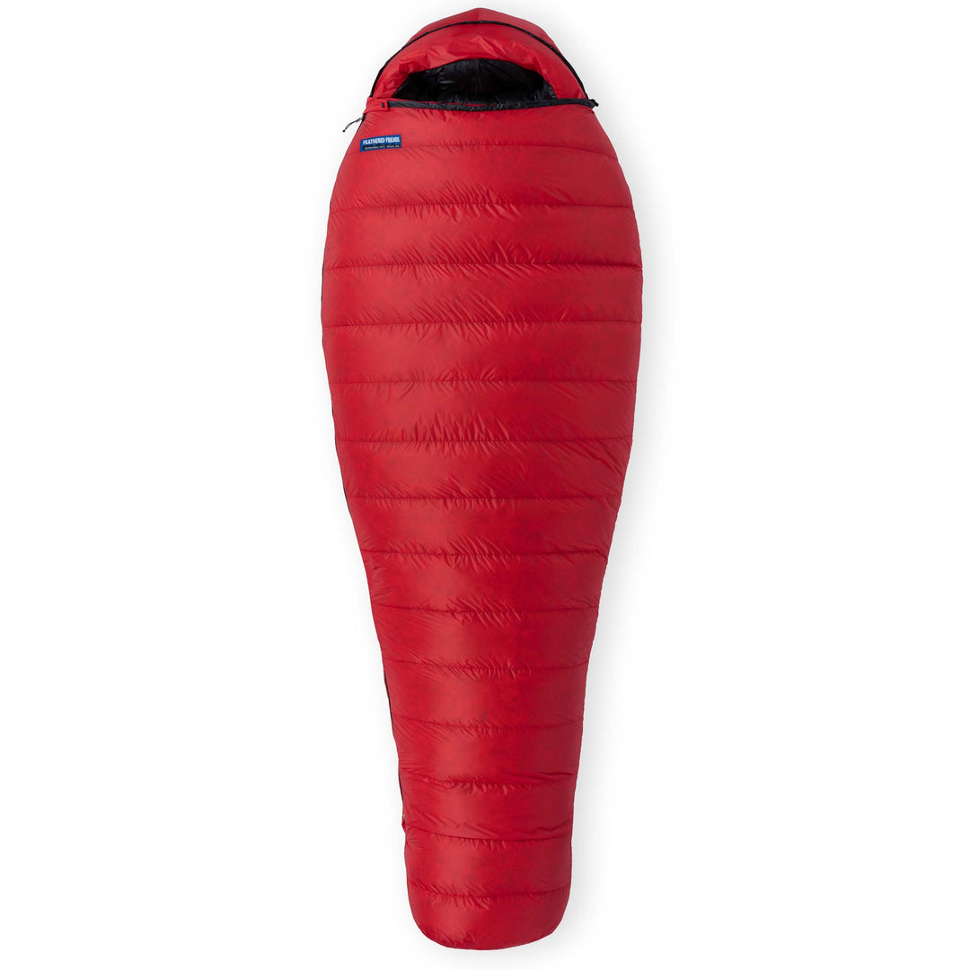 A Phoenix Red Feathered Friends Murre 0F Degree Women's Sleeping bag fully zipped on white background