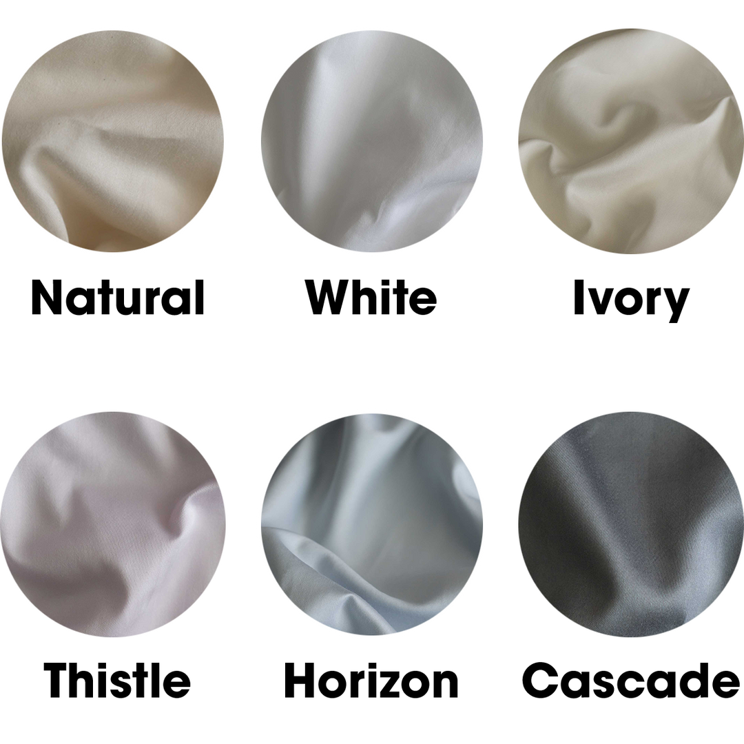 Feathered Friends Organic Cotton sheet product colors - natural, white, ivory, thistle, horizon, and cascade