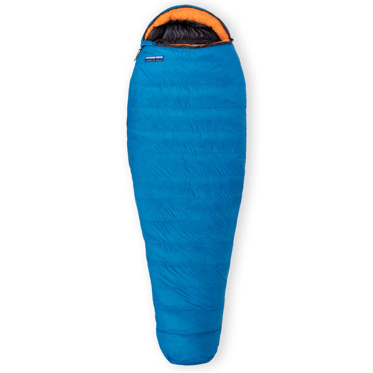 Fully zipped Feathered Friends Petrel UL 10 Degree ultralight women's mummy down sleeping bag in Cerulean Blue with Flame orange hood trim