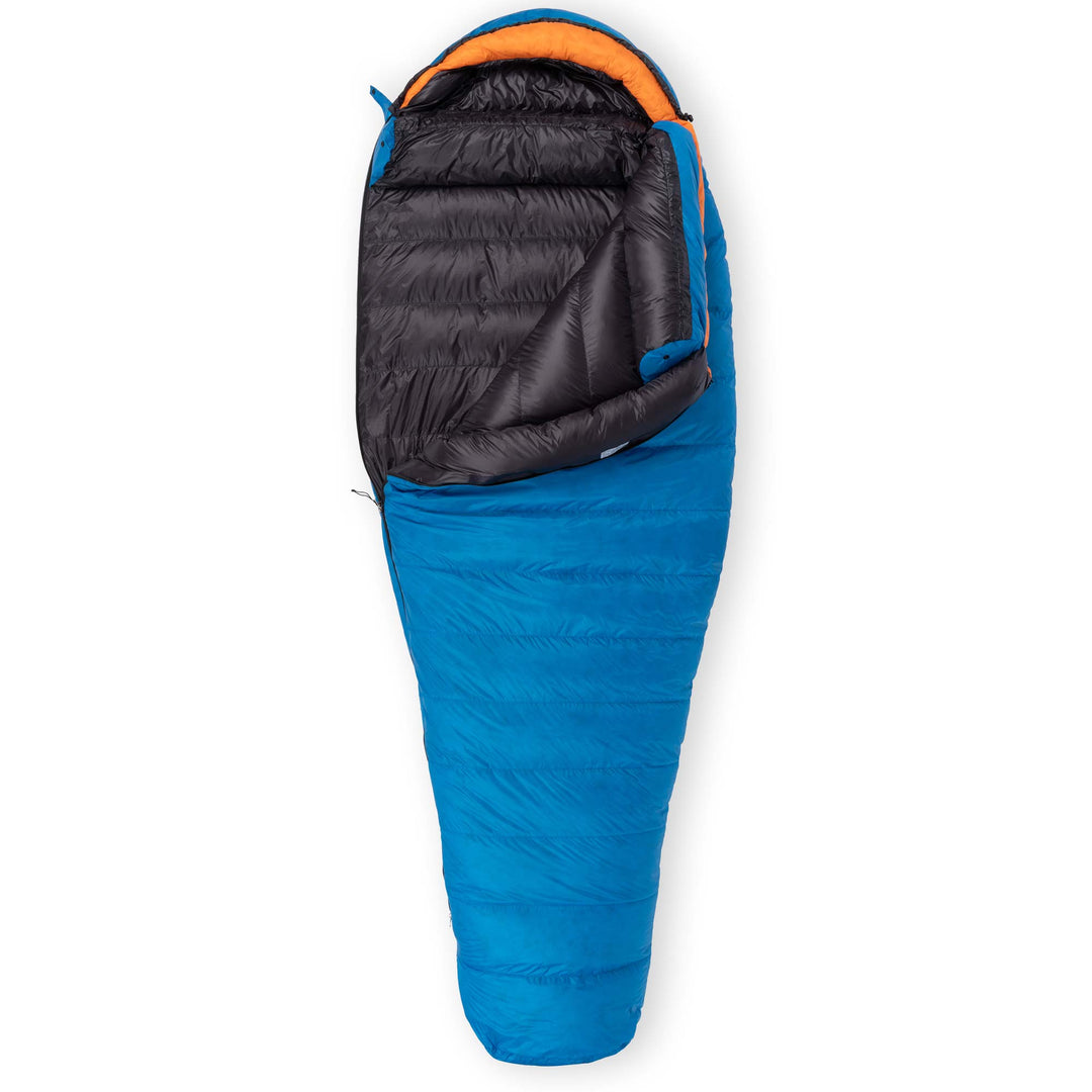 Partially unzipped Feathered Friends Petrel UL 10 Degree ultralight women's mummy down sleeping bag in Cerulean Blue with Flame orange hood trim