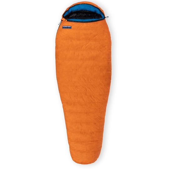 Fully zipped Feathered Friends Petrel UL 10 Degree ultralight women's mummy down sleeping bag in Flame Orange with Cerulean blue hood trim