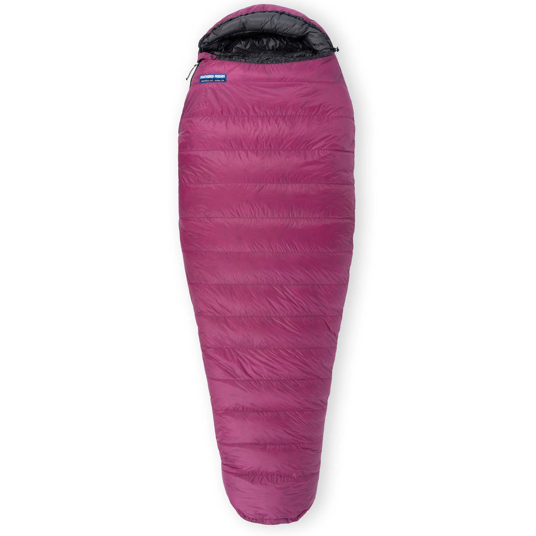 Fully zipped Feathered Friends Petrel UL 10 Degree ultralight women's mummy down sleeping bag in Magenta purple