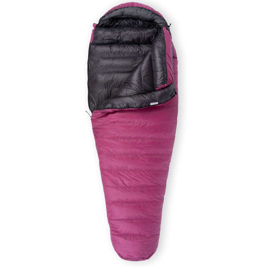 Partially unzipped Feathered Friends Petrel UL 10 Degree ultralight women's mummy down sleeping bag in Magenta purple