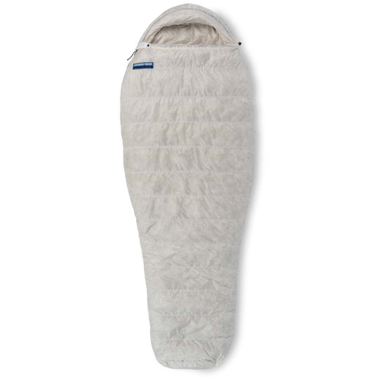Fully zipped Feathered Friends Petrel UL 10 Degree ultralight women's mummy down sleeping bag in Undyed Pertex Quantum Pro