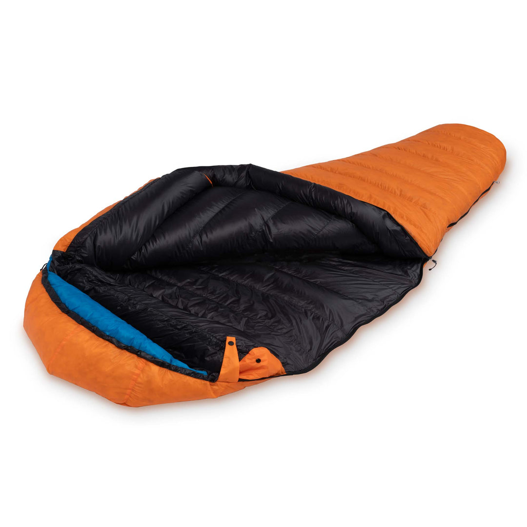 Feathered Friends Petrel UL 10 Degree Ultralight Women's Down Sleeping Bag angle view Flame Orange color partially opened to show the interior