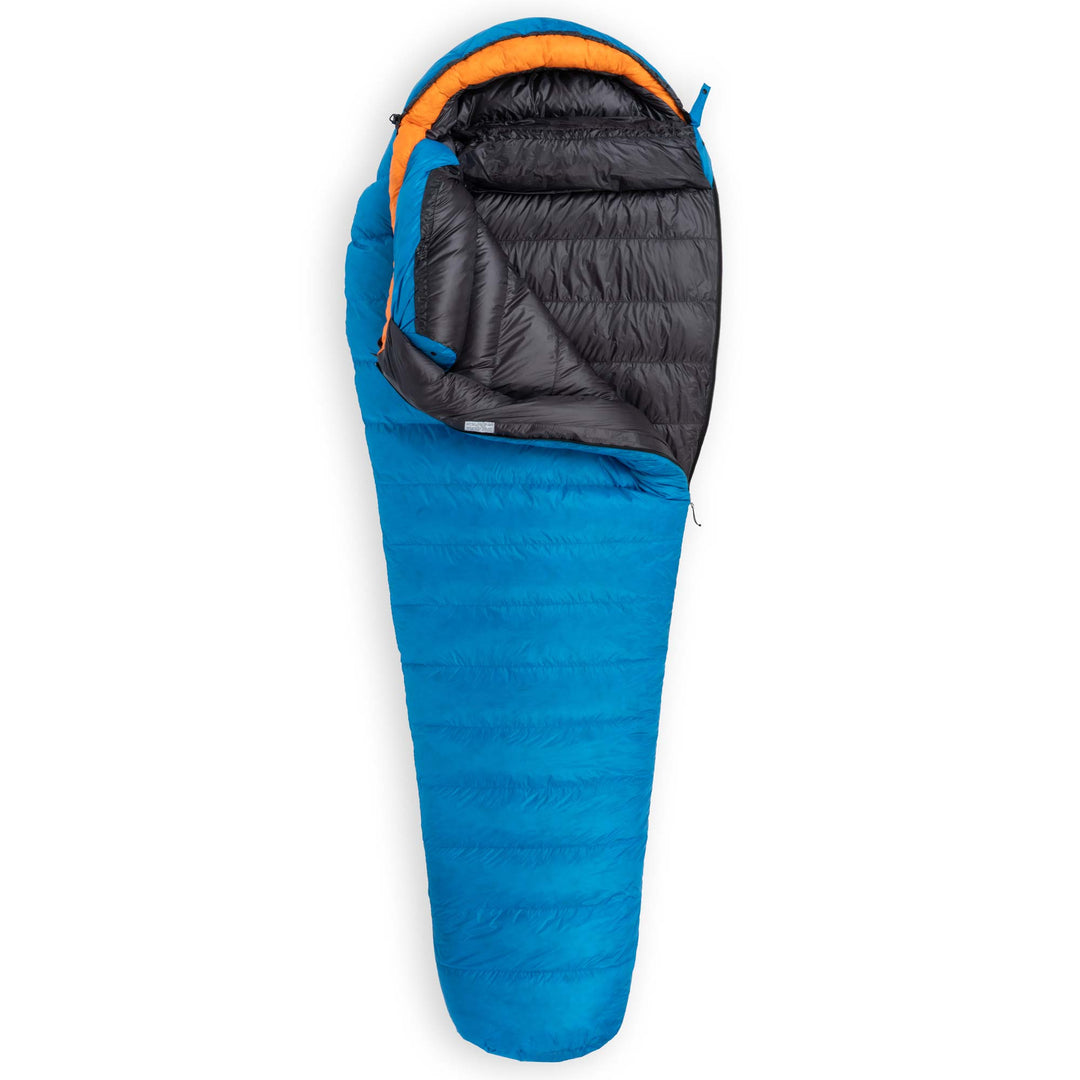 Feathered Friends Raven UL 10 Degree Ultralight Down Sleeping Bag wide mummy in Cerulean Blue partially unzipped