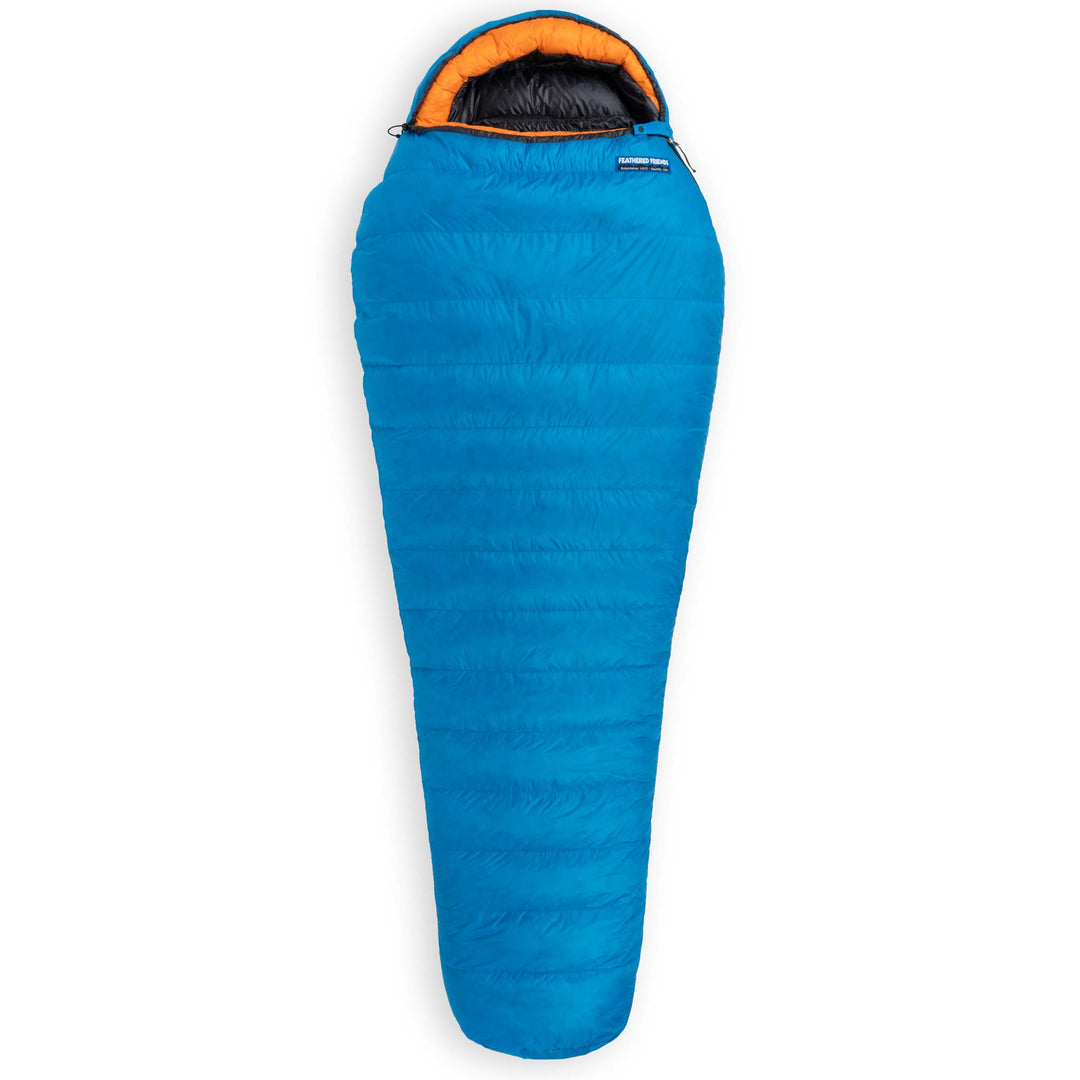 Feathered Friends Raven UL 10 Degree Ultralight Down Sleeping Bag wide mummy in Cerulean Blue with Flame Orange hood trim