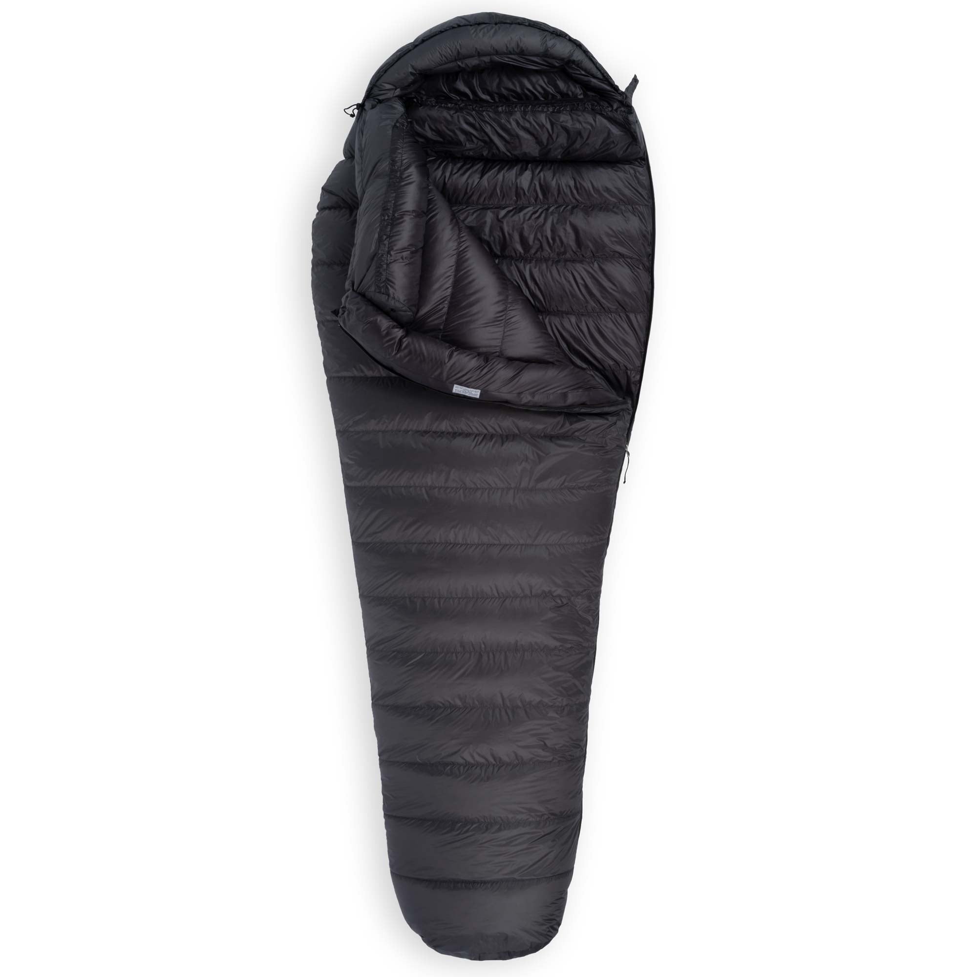 Feathered Friends Raven UL 10 Degree Ultralight Down Sleeping Bag wide mummy in Graphite Gray partially unzipped