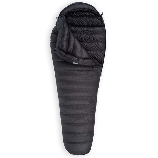 Feathered Friends Raven UL 10 Degree Ultralight Down Sleeping Bag wide mummy in Graphite Gray partially unzipped