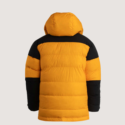 Studio image of the Feathered Friends Rock & Ice Expedition Down Parka Saffron Yellow color viewed from the back