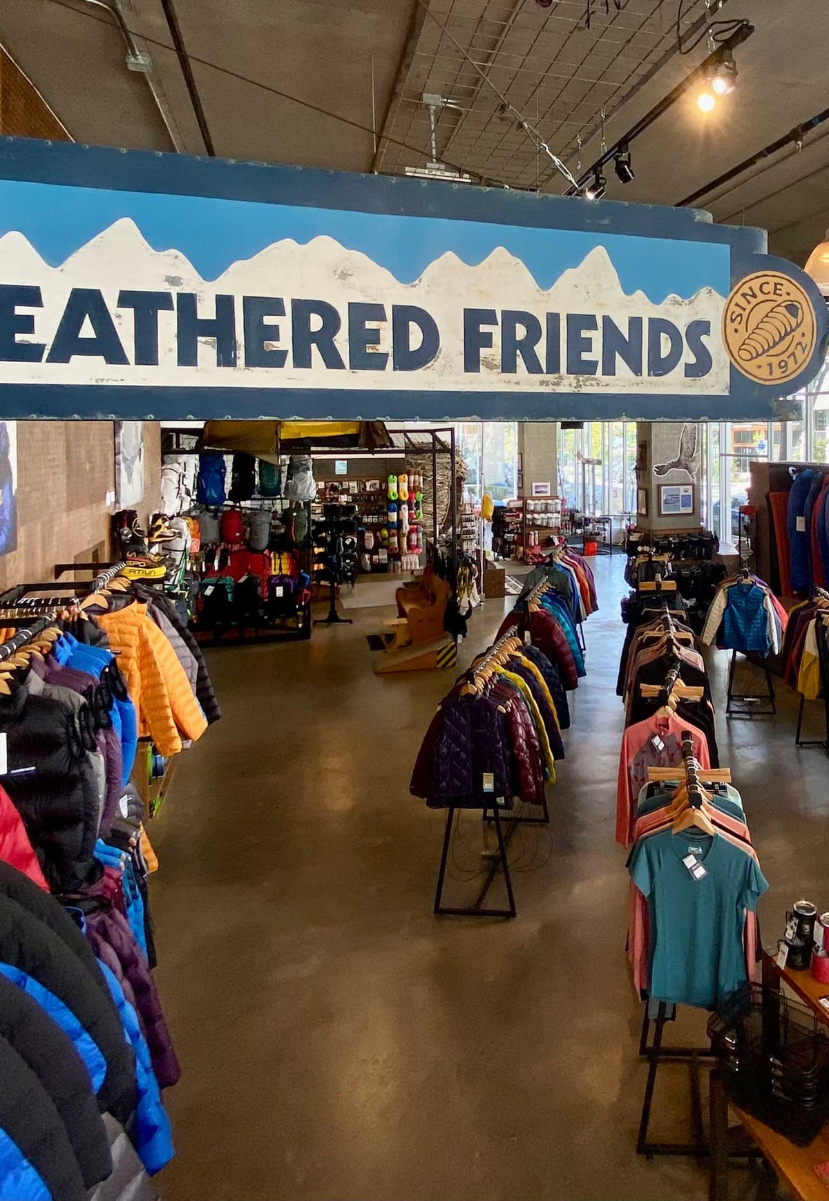 Feathered Friends Seattle Store interior with Feathered Friends sign