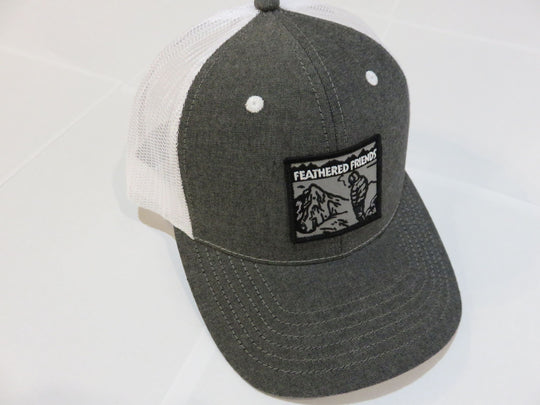 Studio image Feathered Friends Smoking Man Pro Style Trucker Hat Black and White