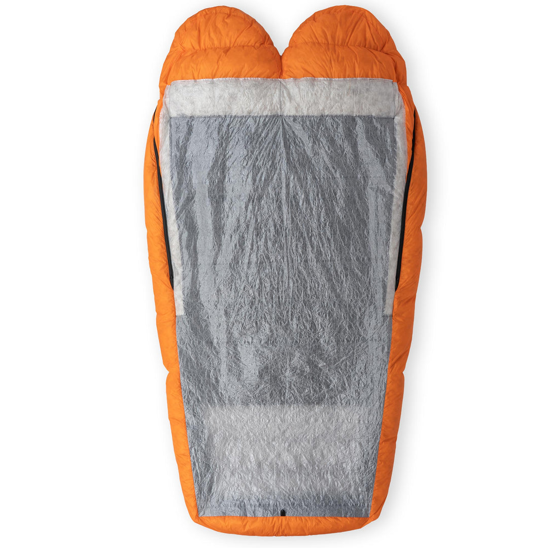 Flame orange Spoonbill UL 2-Person down sleeping bag showing Dyneema bottom