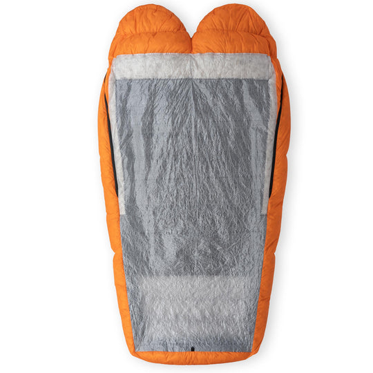 Flame orange Spoonbill UL 2-Person down sleeping bag showing Dyneema bottom