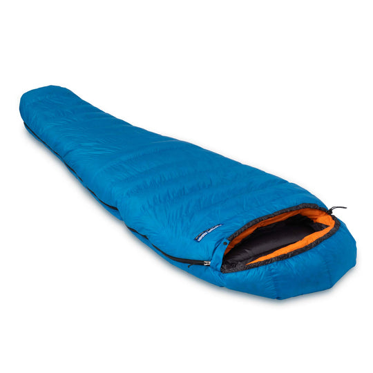 Side angle view of Feathered Friends UL 20 30 Degree ultralight standard width mummy down sleeping bag Cerulean Blue on a white background