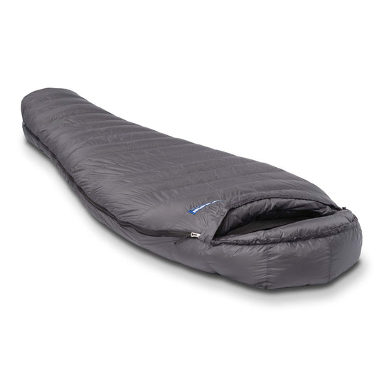Side angle view of the Feathered Friends Swallow UL ultralight standard width mummy down sleeping bag dark Graphite gray on white background