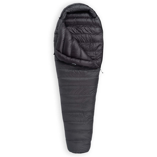 Partially unzipped Feathered Friends Swallow UL ultralight 20 30 degree standard width mummy down sleeping bag dark Graphite gray on white background