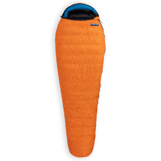 Fully zipped Feathered Friends Swallow UL ultralight 20 30 degree standard width mummy down sleeping bag Flame orange with Cerulean blue hood trim on white background