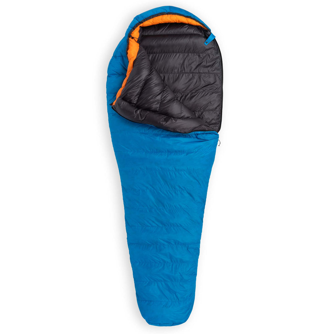Partially unzipped Feathered Friends Swift UL Ultralight 20 30 Degree wide mummy down sleeping bag in Cerulean blue