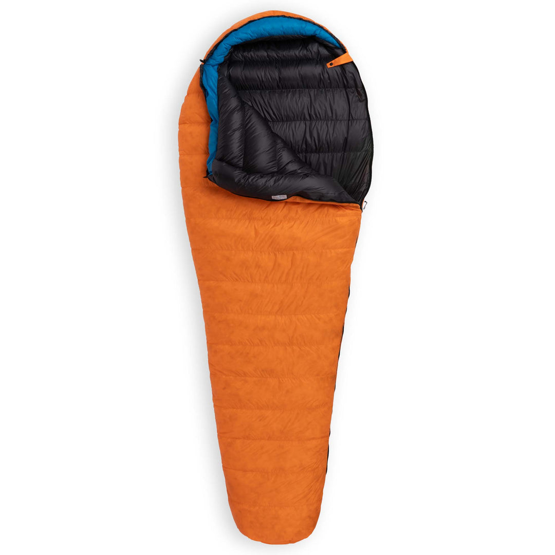 Partially unzipped Feathered Friends Swift UL Ultralight 20 30 Degree wide mummy down sleeping bag in Flame orange