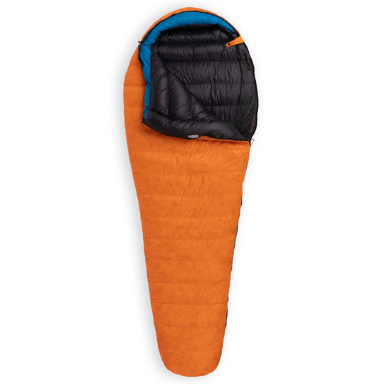 Partially unzipped Feathered Friends Swift UL Ultralight 20 30 Degree wide mummy down sleeping bag in Flame orange