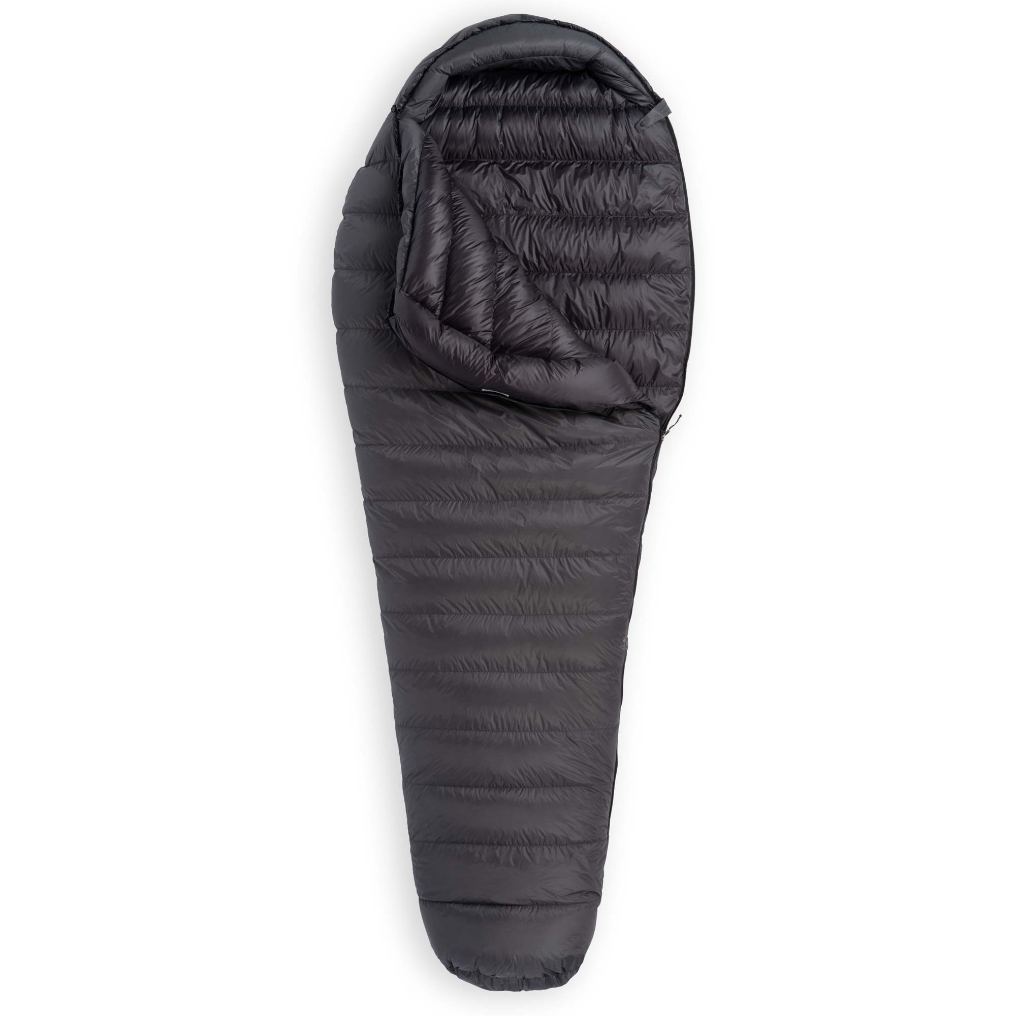 Partially unzipped Feathered Friends Swift UL Ultralight 20 30 Degree wide mummy down sleeping bag in dark Graphite gray