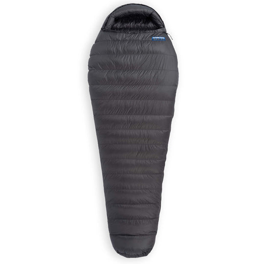 Fully zipped Feathered Friends Swift UL Ultralight 20 30 Degree wide mummy down sleeping bag in dark Graphite gray