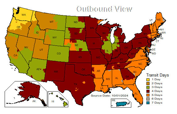 A UPS Ground shipping map of the United States