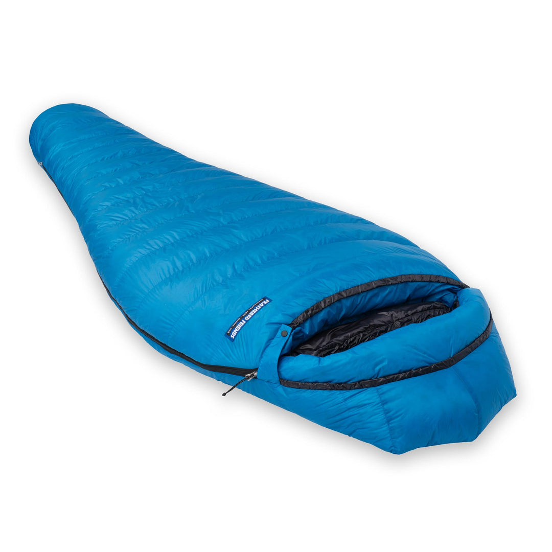 Cerulean blue Feathered Friends winter light down sleeping bag on white background