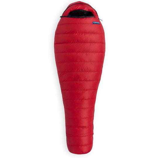 A Phoenix-red Feathered Friends Widgeon -10F Winter Light sleeping bag fully zipped on a white background
