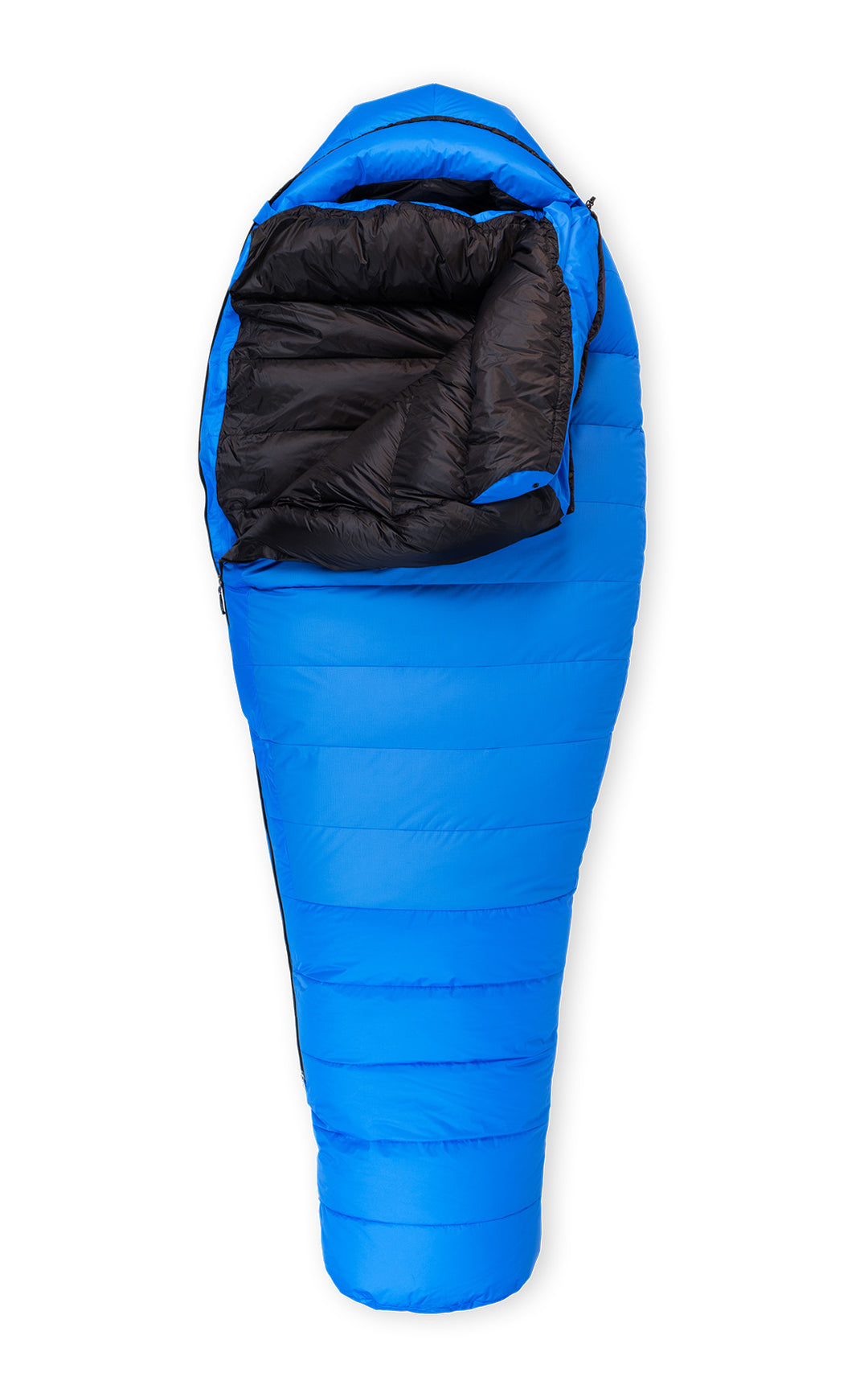 Studio image front view Feathered Friends Women's Arctic Finch ES -10 Degree Down Sleeping Bag Ocean blue color, partially unzipped