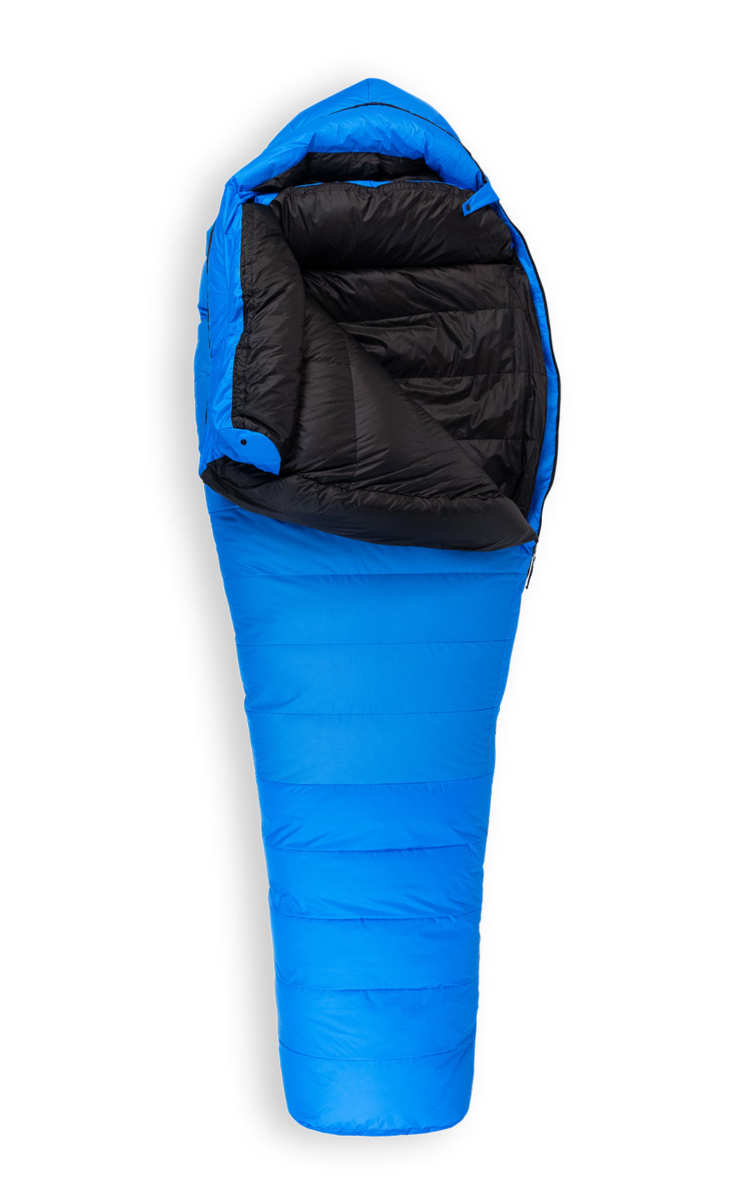 Studio image front view Feathered Friends Eider ES -10 Degree Down Sleeping Bag Ocean blue color, partially unzipped