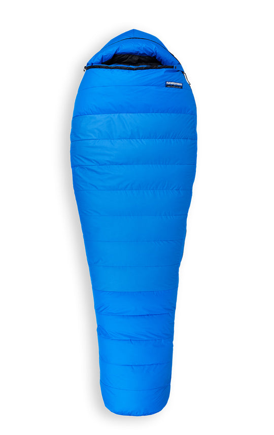 Studio image front view Feathered Friends Eider ES -10 Degree Down Sleeping Bag Ocean blue color, fully zipped