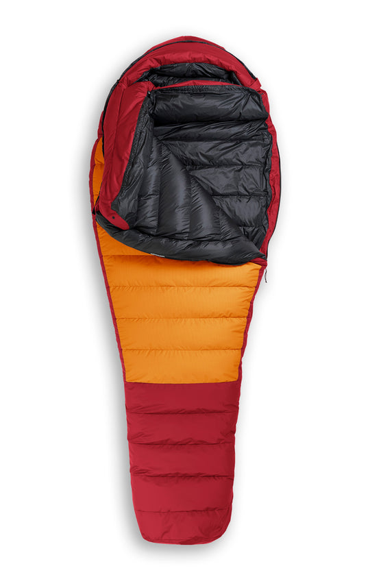 Studio image front view Feathered Friends Ibis ES 0 Degree Down Sleeping Bag Lava red and orange color, partially unzipped