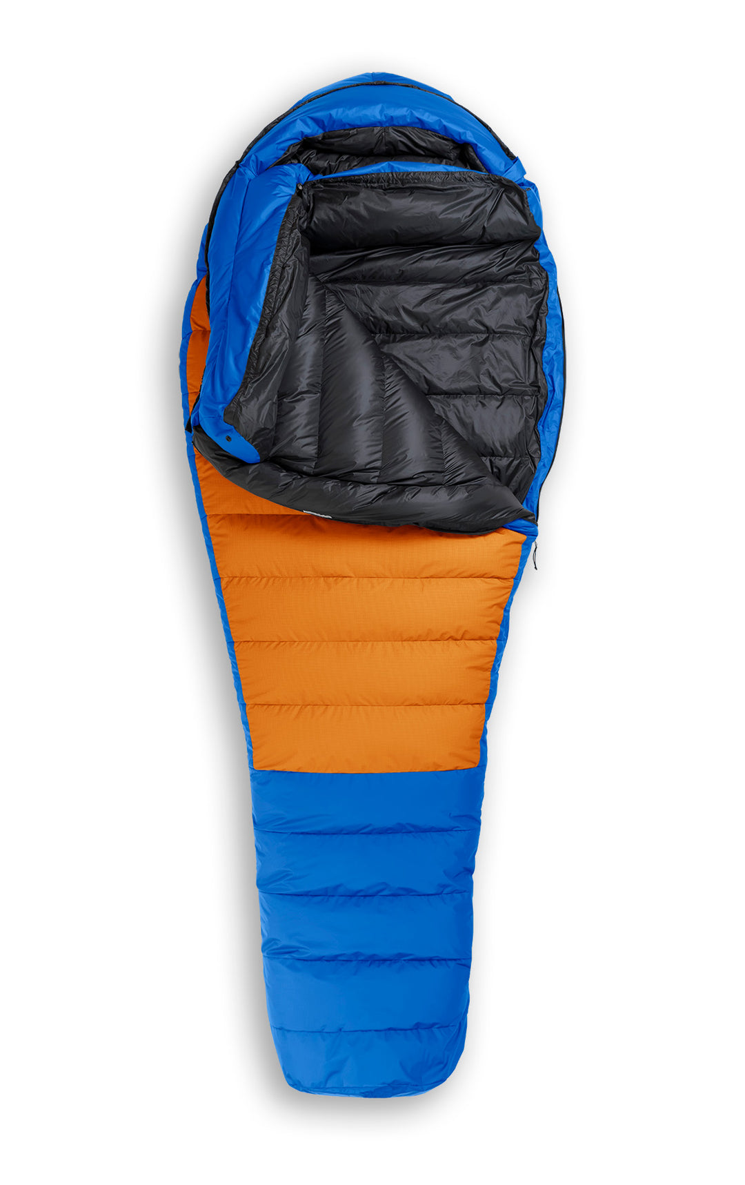 Studio image front view Feathered Friends Ibis ES 0 Degree Down Sleeping Bag Ocean blue and orange color, partially unzipped