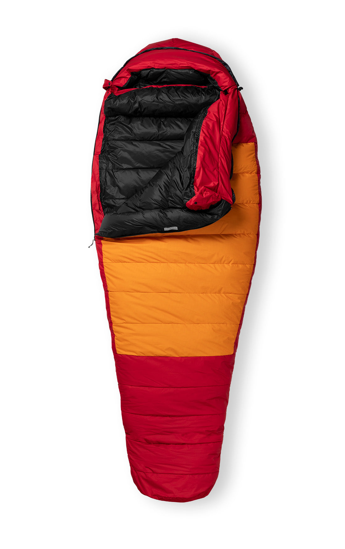 Studio image front view Feathered Friends Women's Murre ES 0 Degree Down Sleeping Bag Lava red and orange color, partially unzipped