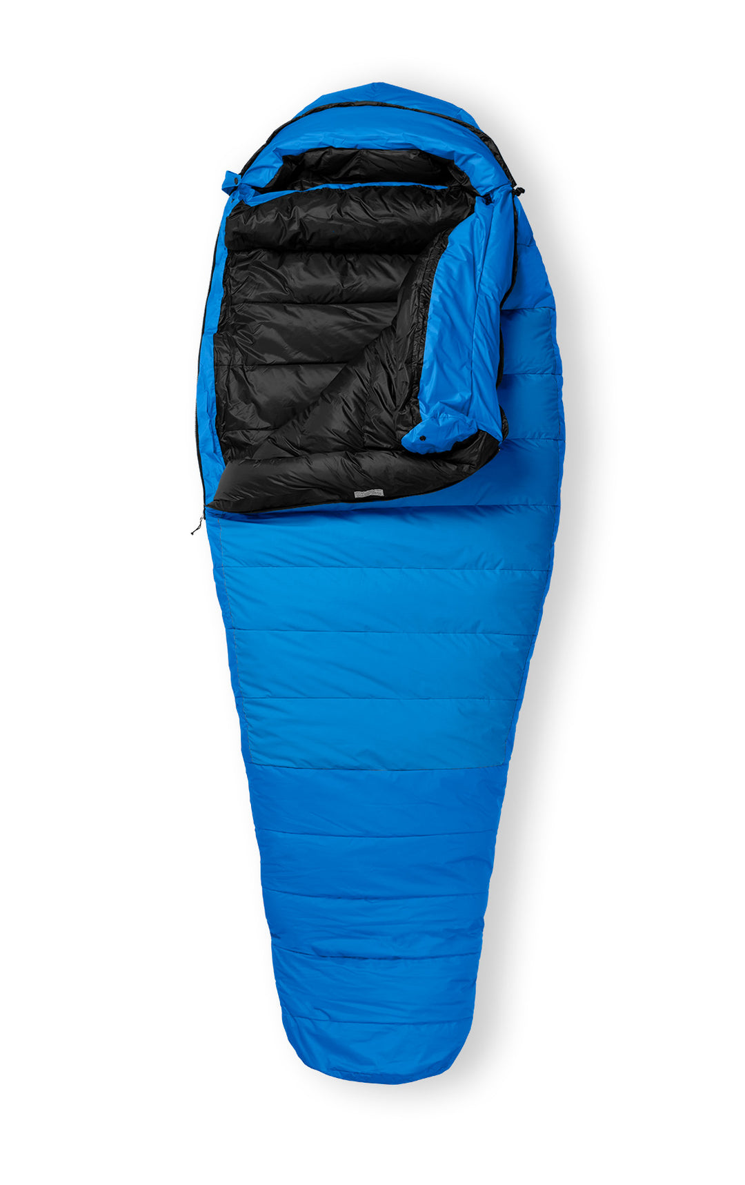 Studio image front view Feathered Friends Women's Murre ES 0 Degree Down Sleeping Bag Ocean blue color, partially unzipped