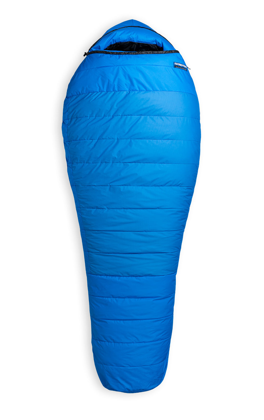 Studio image front view Feathered Friends Peregrine ES -25 Degree Down Sleeping Bag Ocean blue color, fully zipped