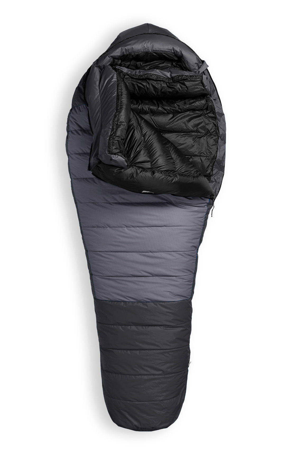 Studio image front view partially unzipped Feathered Friends Ptarmigan ES -25 Degree Down Sleeping Bag black and grey colors