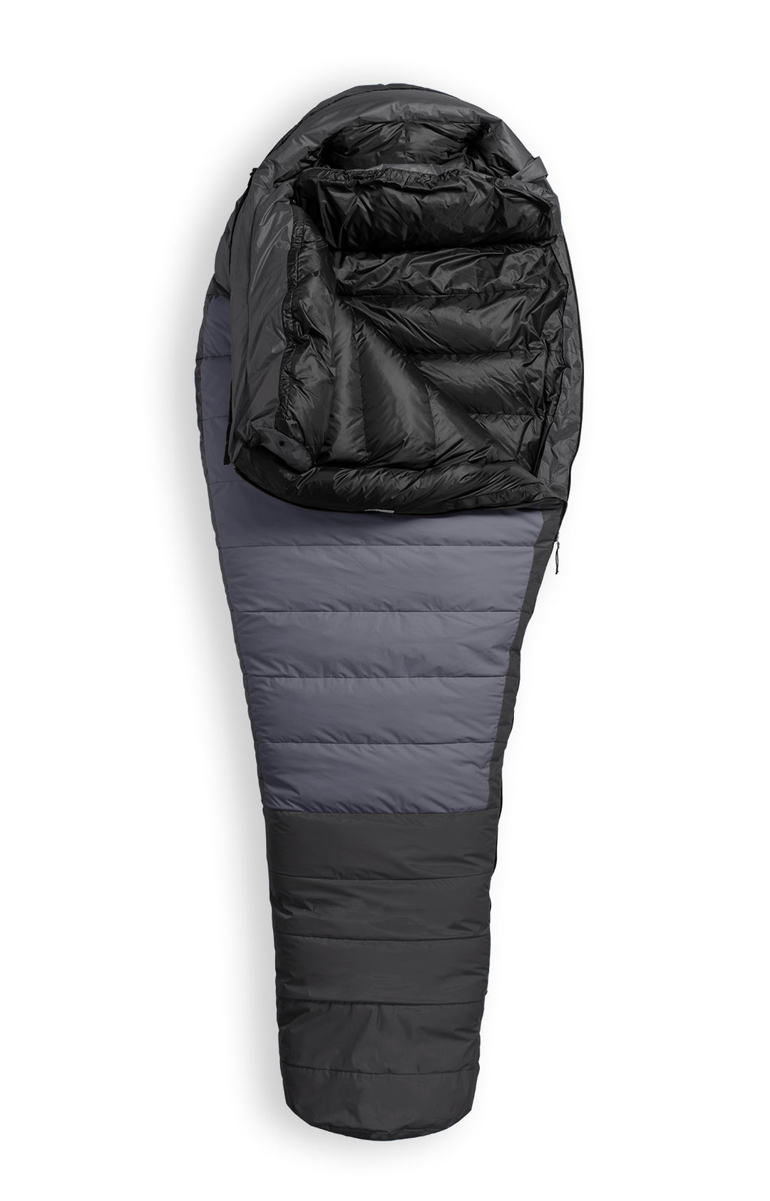 Studio image front view Feathered Friends Snowbunting ES 0 Degree Down Sleeping Bag Ocean black and grey color, partially unzipped