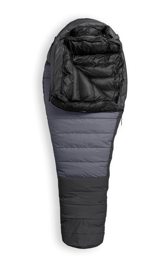 Studio image front view Feathered Friends Snowbunting ES 0 Degree Down Sleeping Bag Ocean black and grey color, partially unzipped