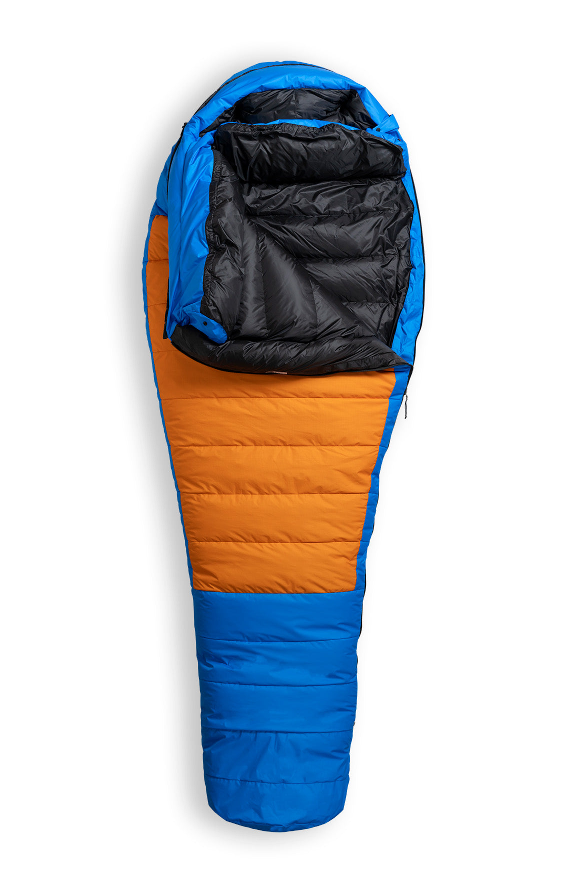 Studio image front view Feathered Friends Snowbunting ES 0 Degree Down Sleeping Bag Ocean blue and orange color, partially unzipped