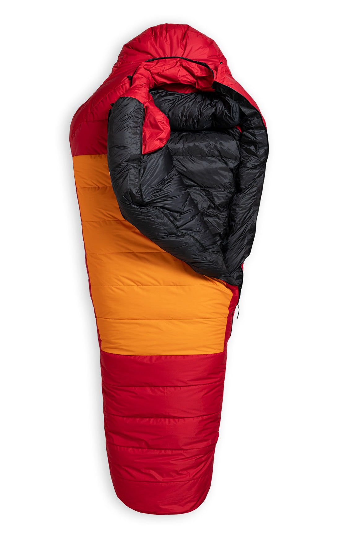 Studio image front view partially unzipped Feathered Friends Snowy Owl ES -60 Degree Down Sleeping Bag Lava and Orange colors